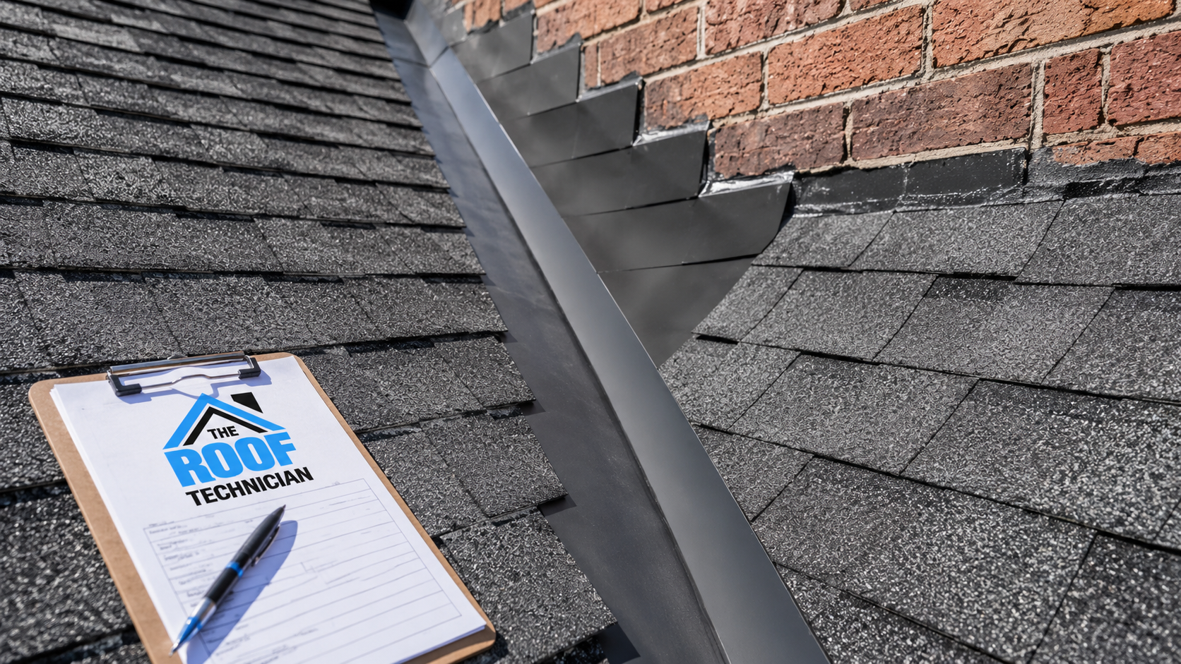 Close detail of new architectural shingles and valley flashing from a roof replacement Scarborough installation