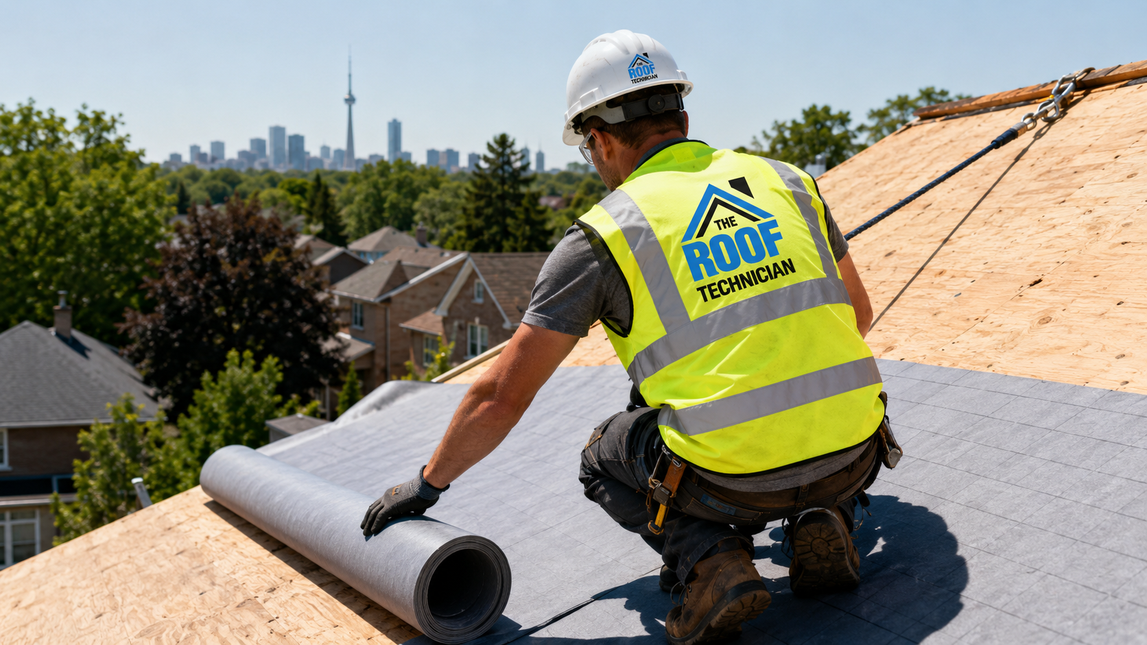 Roofer in full safety gear installing underlayment during a roof replacement Scarborough homeowners scheduled for summer