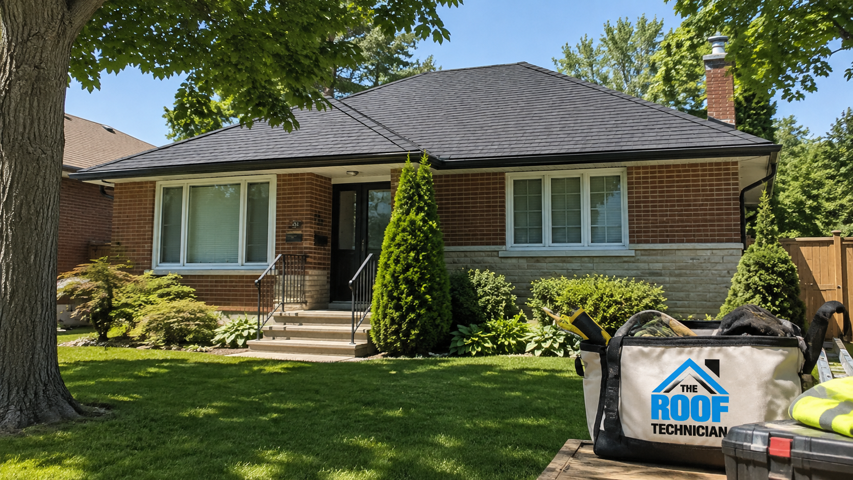 North York brick bungalow with a newly installed asphalt shingle roof inspected by roofing companies in North York