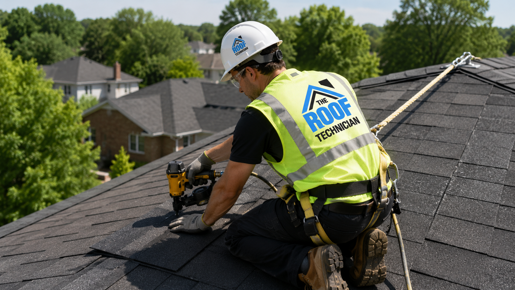Roofer in full safety gear installing shingles, the standard homeowners should expect from roofing companies in North York