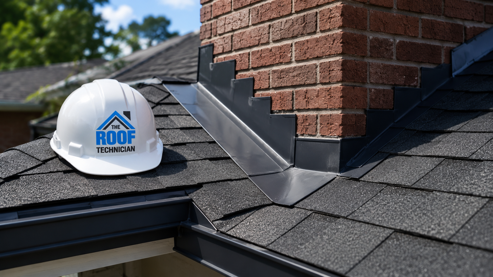 Close up detail of new shingles and chimney flashing after a roof replacement in Etobicoke