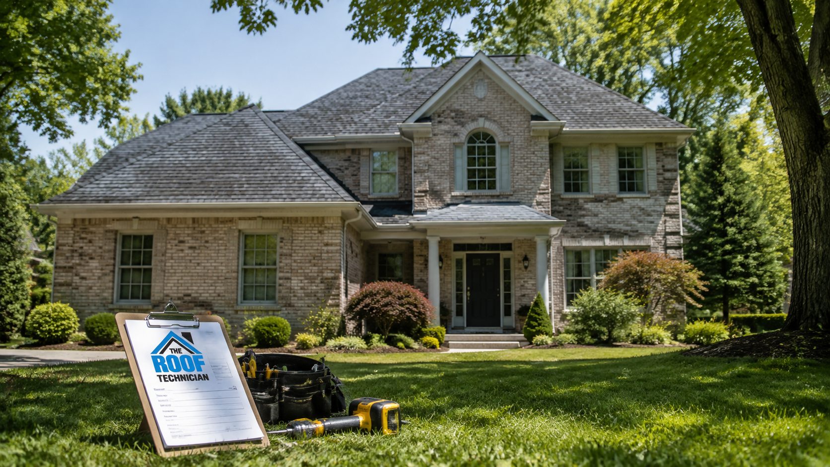 Completed roof replacement in Etobicoke on a two storey brick home with new dark grey asphalt shingles