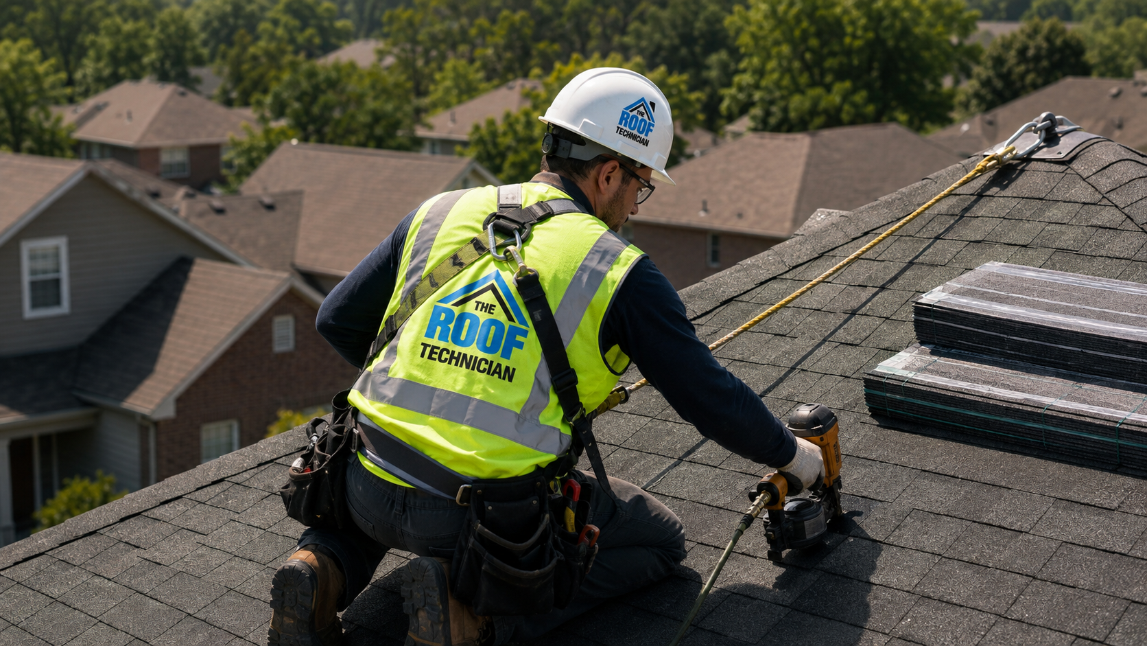 Roofer in full safety gear installing shingles during a roof replacement in Etobicoke on a summer day