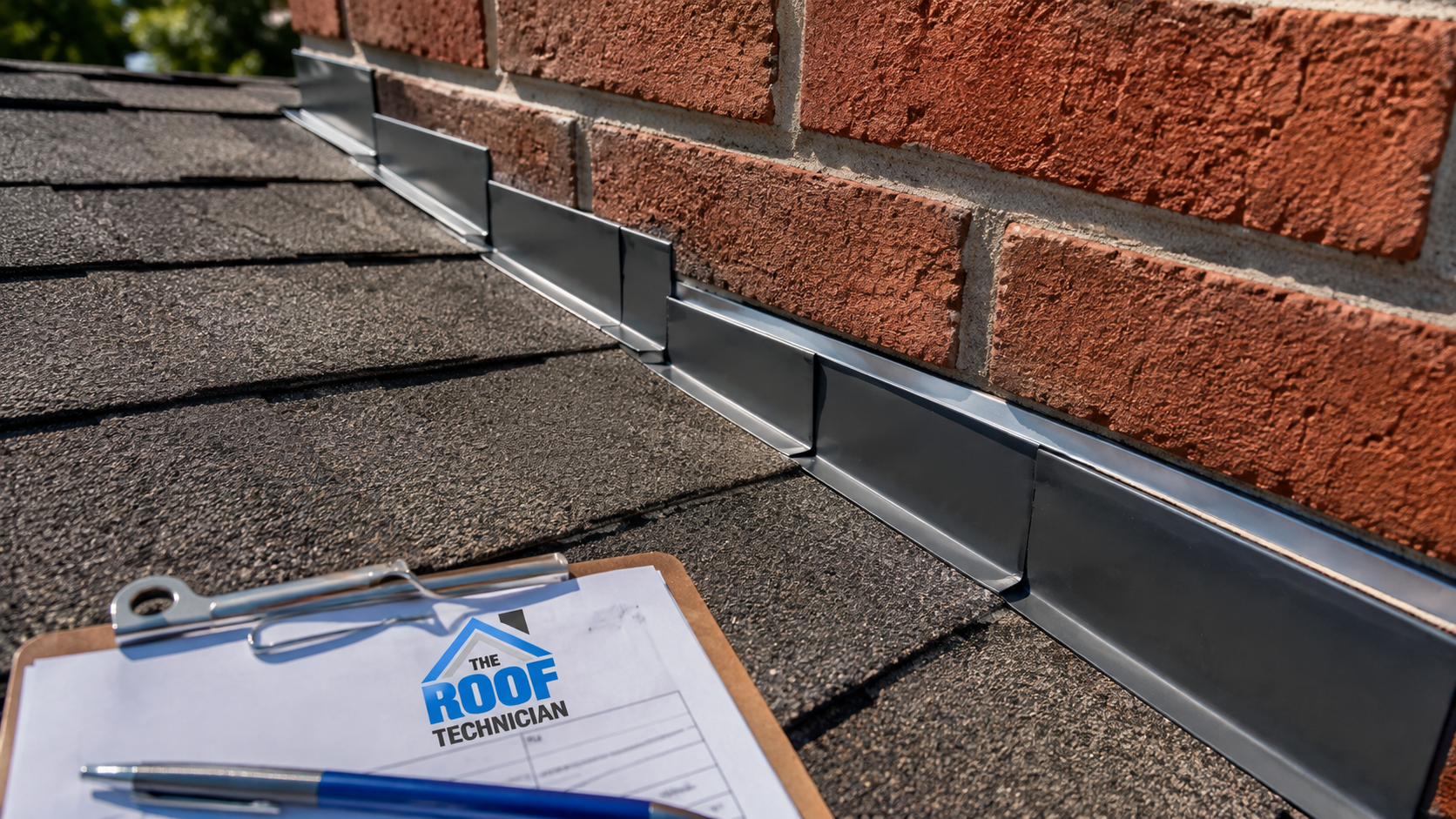 Close up of new step flashing and valley detail from a roof replacement in East York