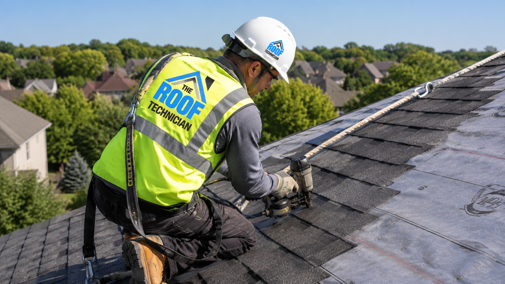 Roofer in full safety gear installing shingles during a roof replacement in East York