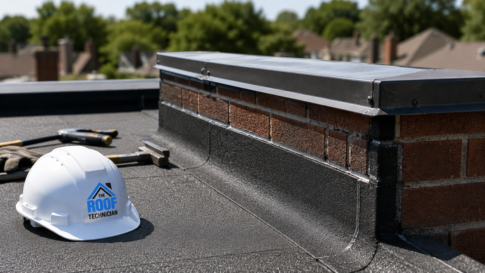 Close-up of parapet cap flashing and membrane detail after roof repair in Downtown Toronto