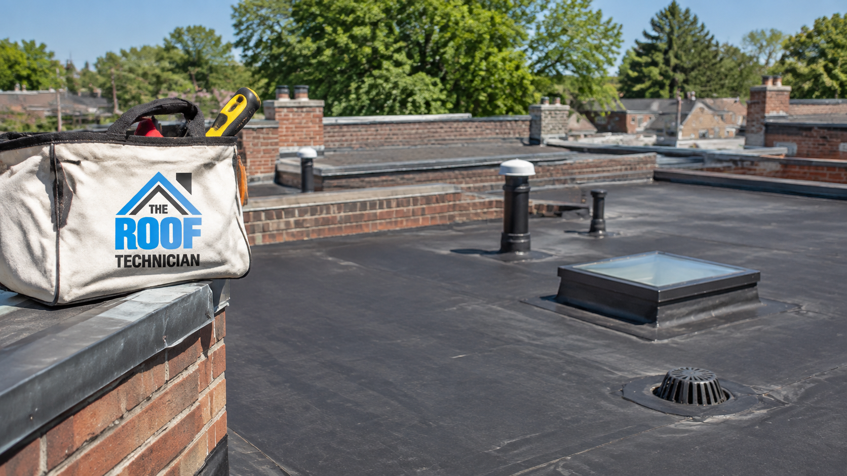 Row of brick row houses with flat low-slope roofs needing roof repair in Downtown Toronto