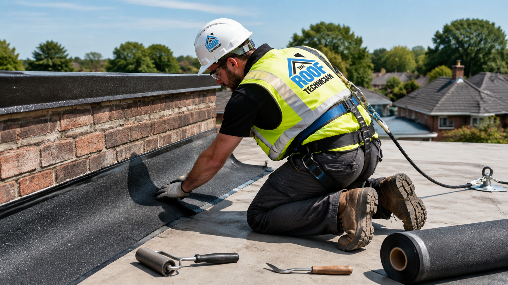 Roofer in full safety gear performing roof repair in Downtown Toronto on a low-slope membrane roof