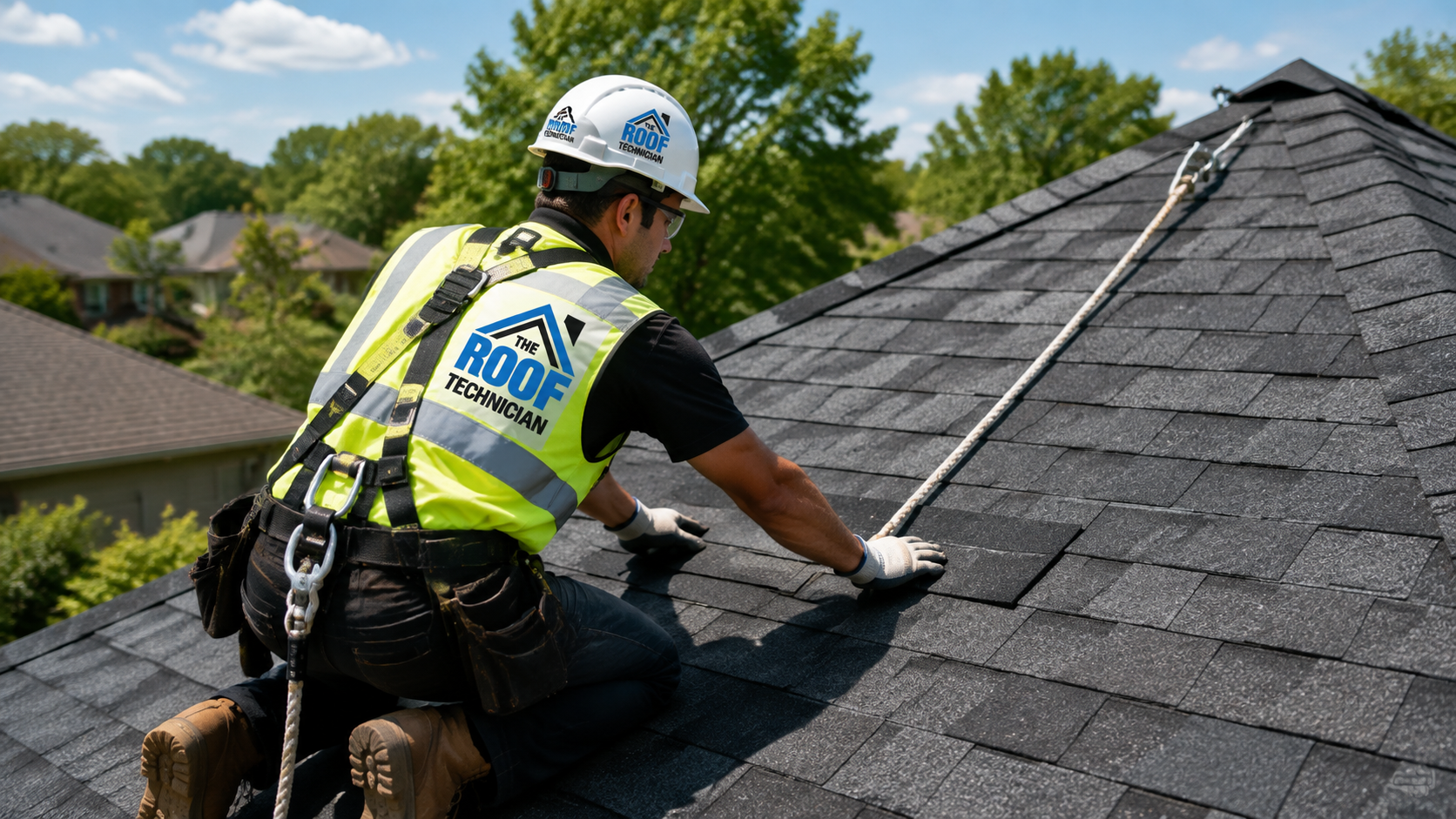 Roofer in full safety gear installing shingles, the standard roofing companies whitby homeowners should expect