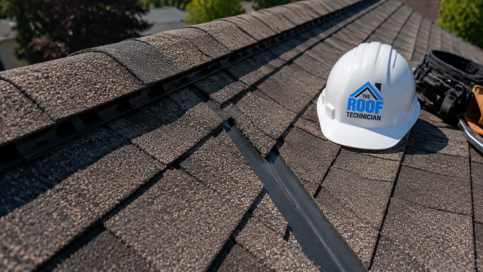 Close view of ridge vent and valley flashing detail on a completed roofing Oshawa installation