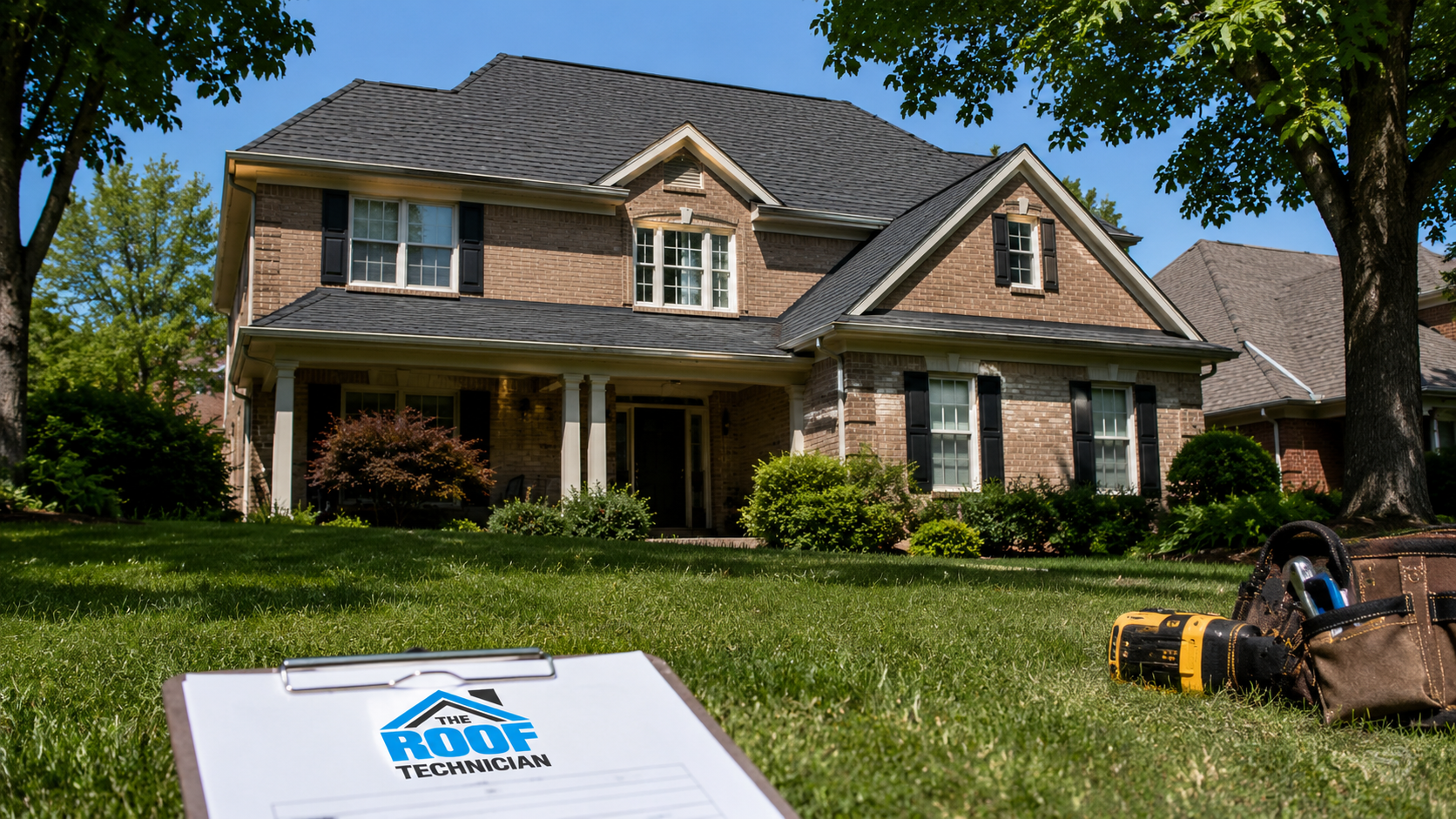 Two-storey brick suburban home with new dark grey asphalt shingles, typical roofing Oshawa homeowners choose