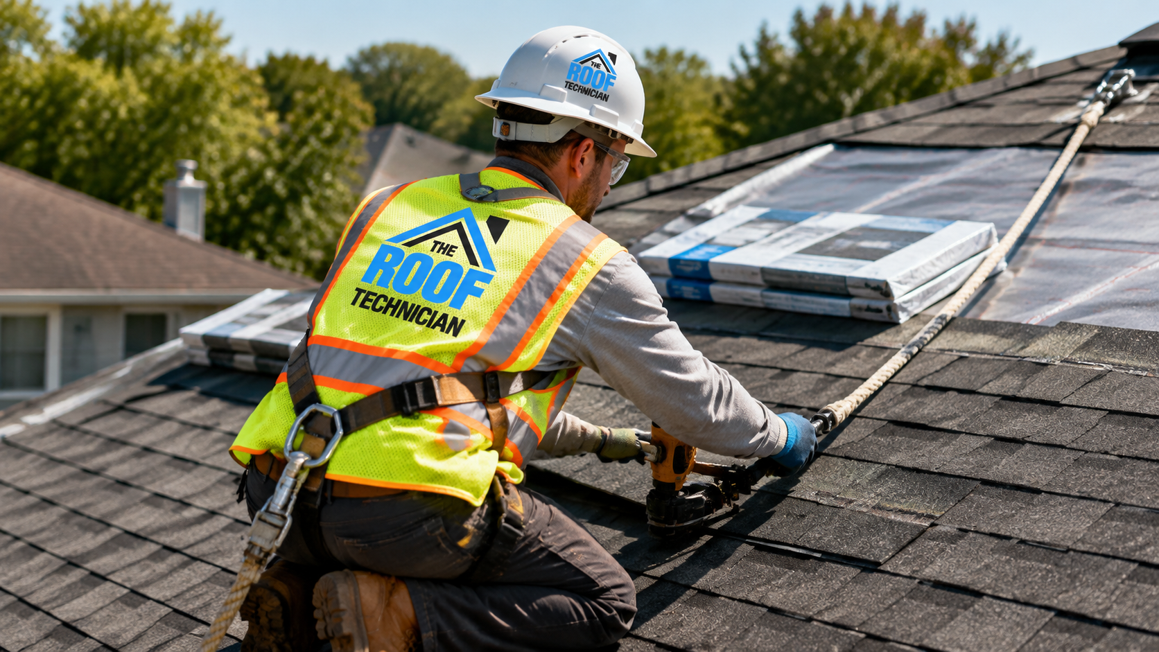 Roofer in full safety gear installing shingles, the standard of workmanship roofing Oshawa homes deserve