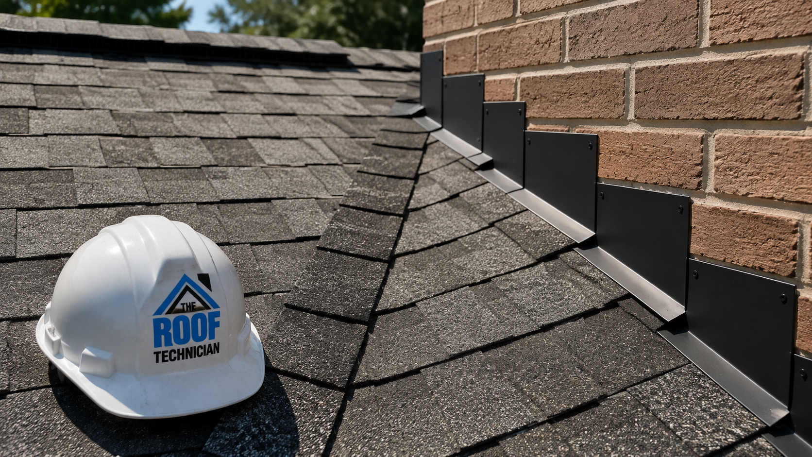 Close detail of new shingles, valley flashing and ridge vent showing quality standards from roofing companies Ajax homeowners choose