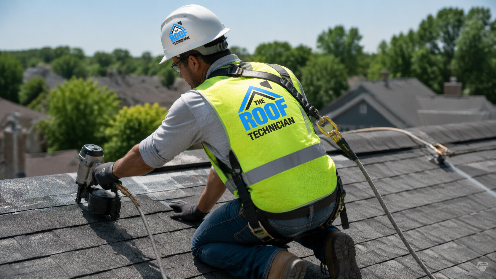 Roofer in full safety gear installing shingles, the standard roofing companies Ajax homeowners should expect