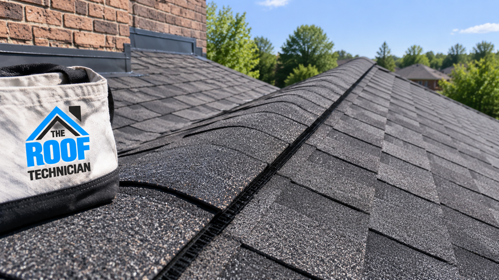 Close detail of new ridge vent and shingle courses completed during a roof replacement in Whitby