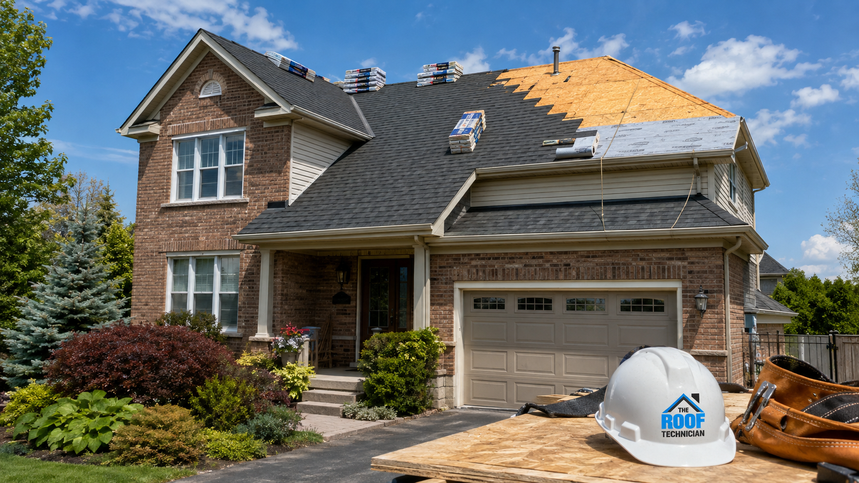 Two storey suburban home undergoing a roof replacement in Whitby with new asphalt shingles on a summer day