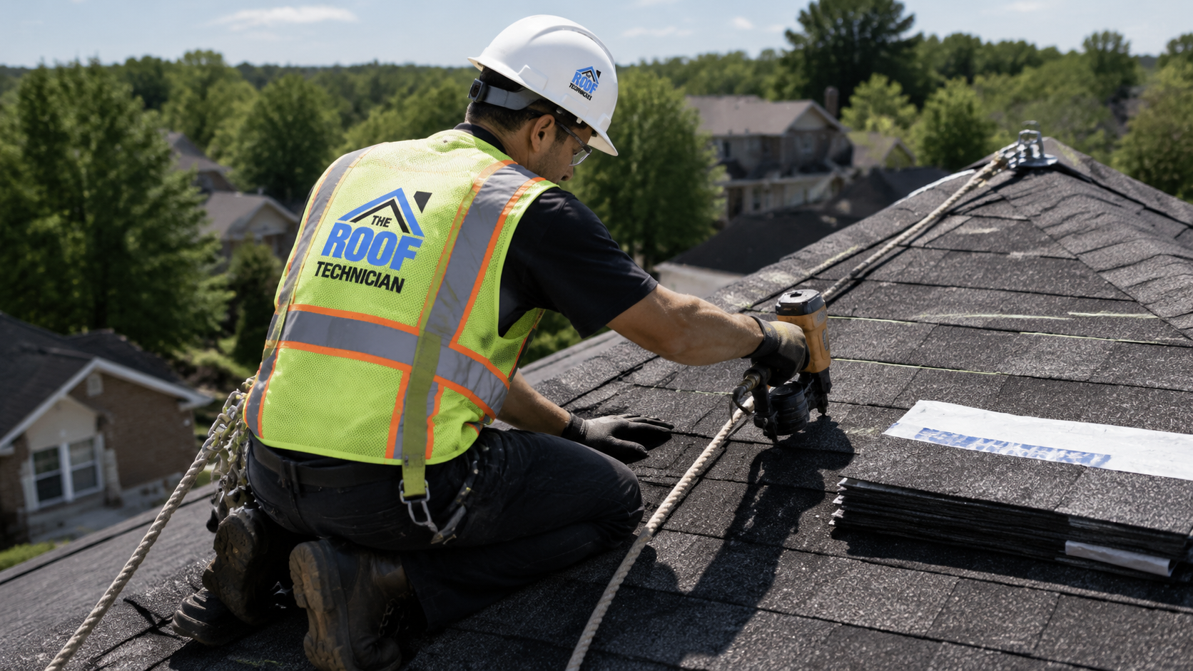Roofer in full safety harness installing new asphalt shingles during a roof replacement in Whitby
