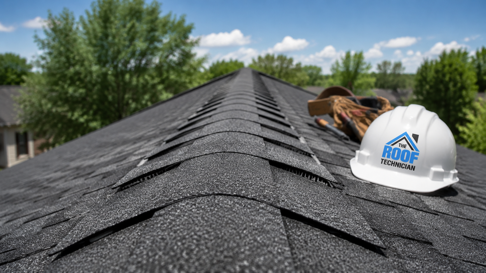 Close detail of new ridge cap shingles and ridge vent completing a roof replacement in Pickering Ontario