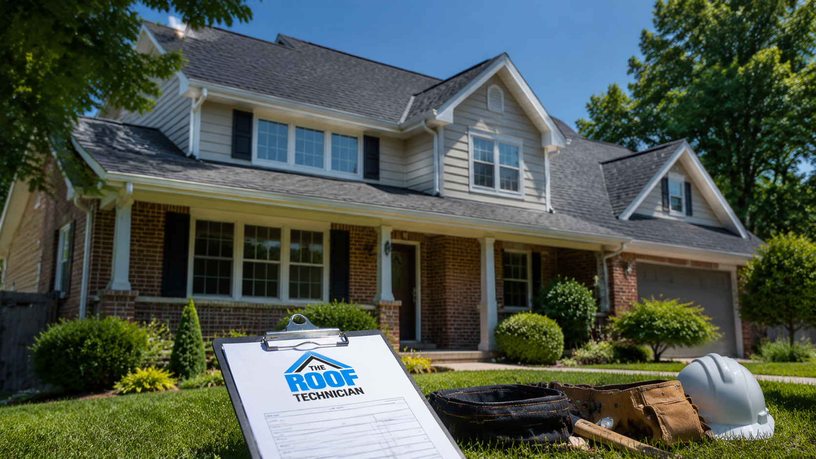 Newly completed roof replacement in Pickering on a two storey suburban brick home in summer