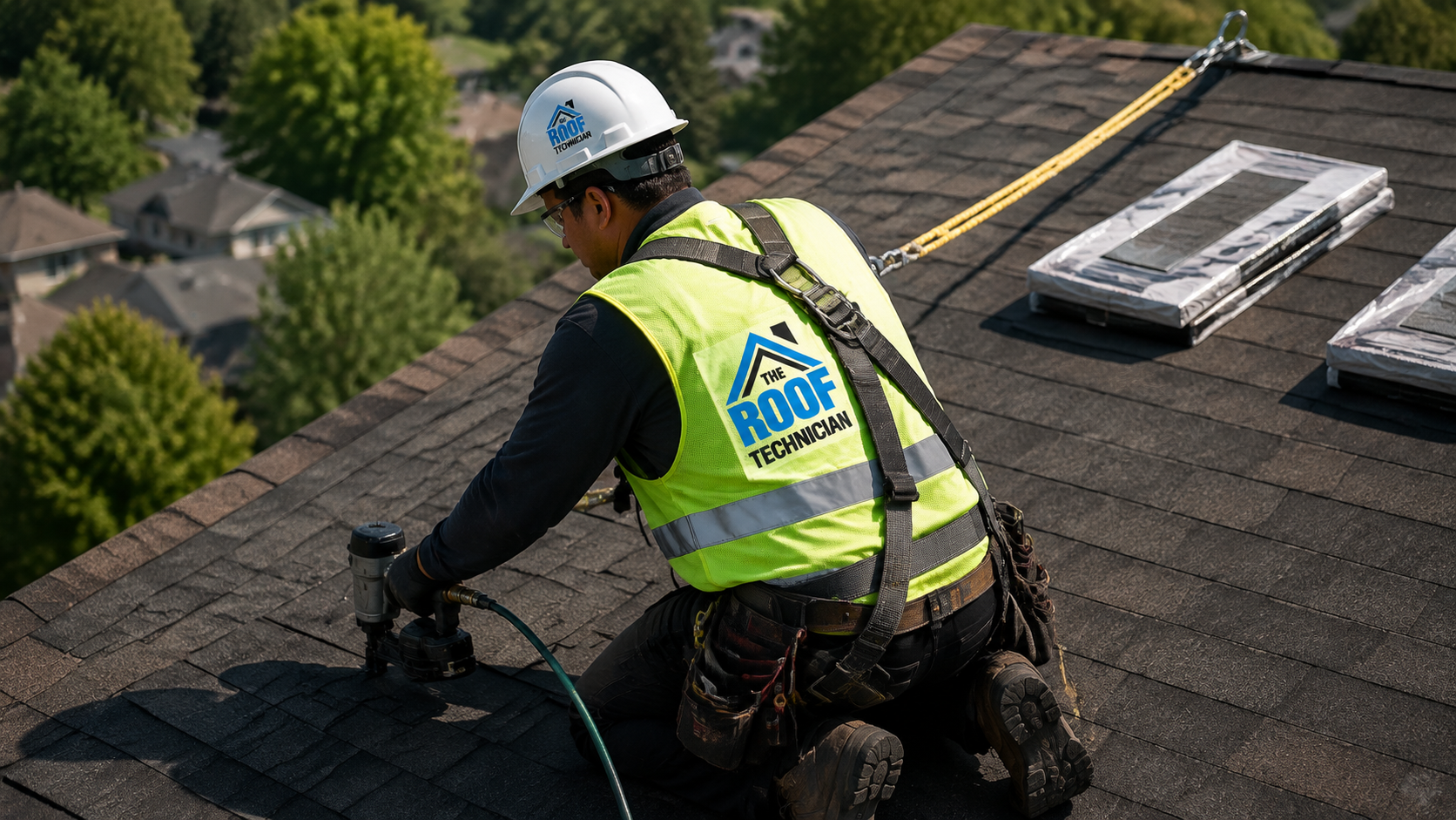 Roofer in full safety gear fastening architectural shingles during a roof replacement in Pickering Ontario