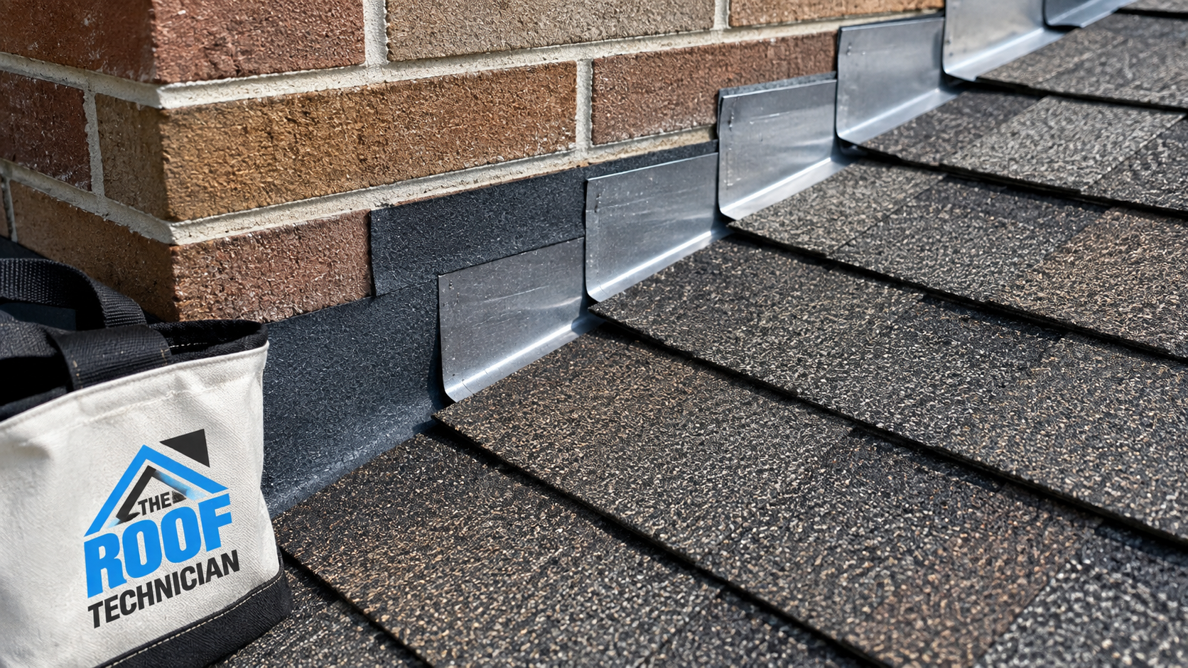 Close-up detail of new step flashing and underlayment after roof leak repair in Pickering on an asphalt shingle roof