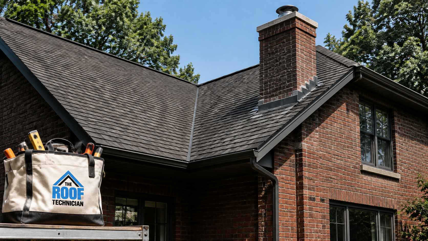 Suburban Pickering two-storey brick home roof showing asphalt shingles and chimney flashing where roof leak repair is needed