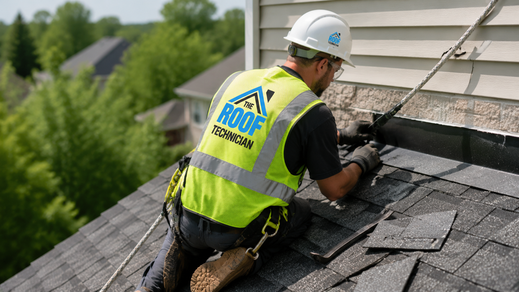 Roofer in full safety gear performing roof leak repair in Pickering on asphalt shingles near a flashing detail