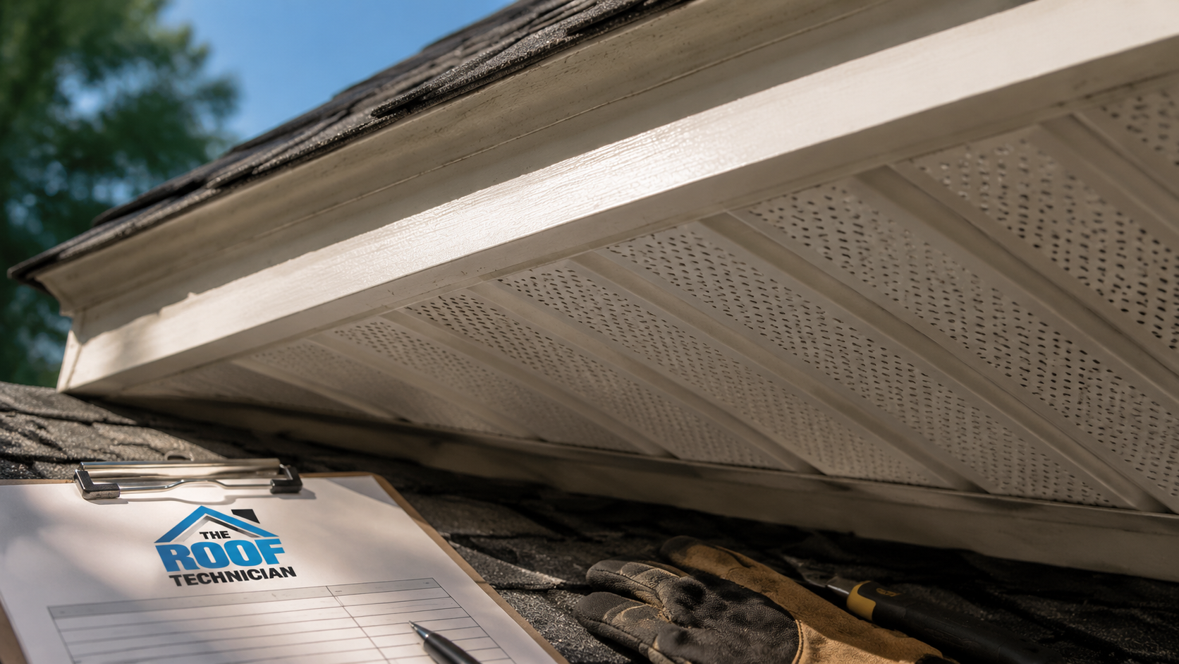 Close-up detail of continuous soffit intake vent and baffle supporting attic ventilation Whitby roofs depend on