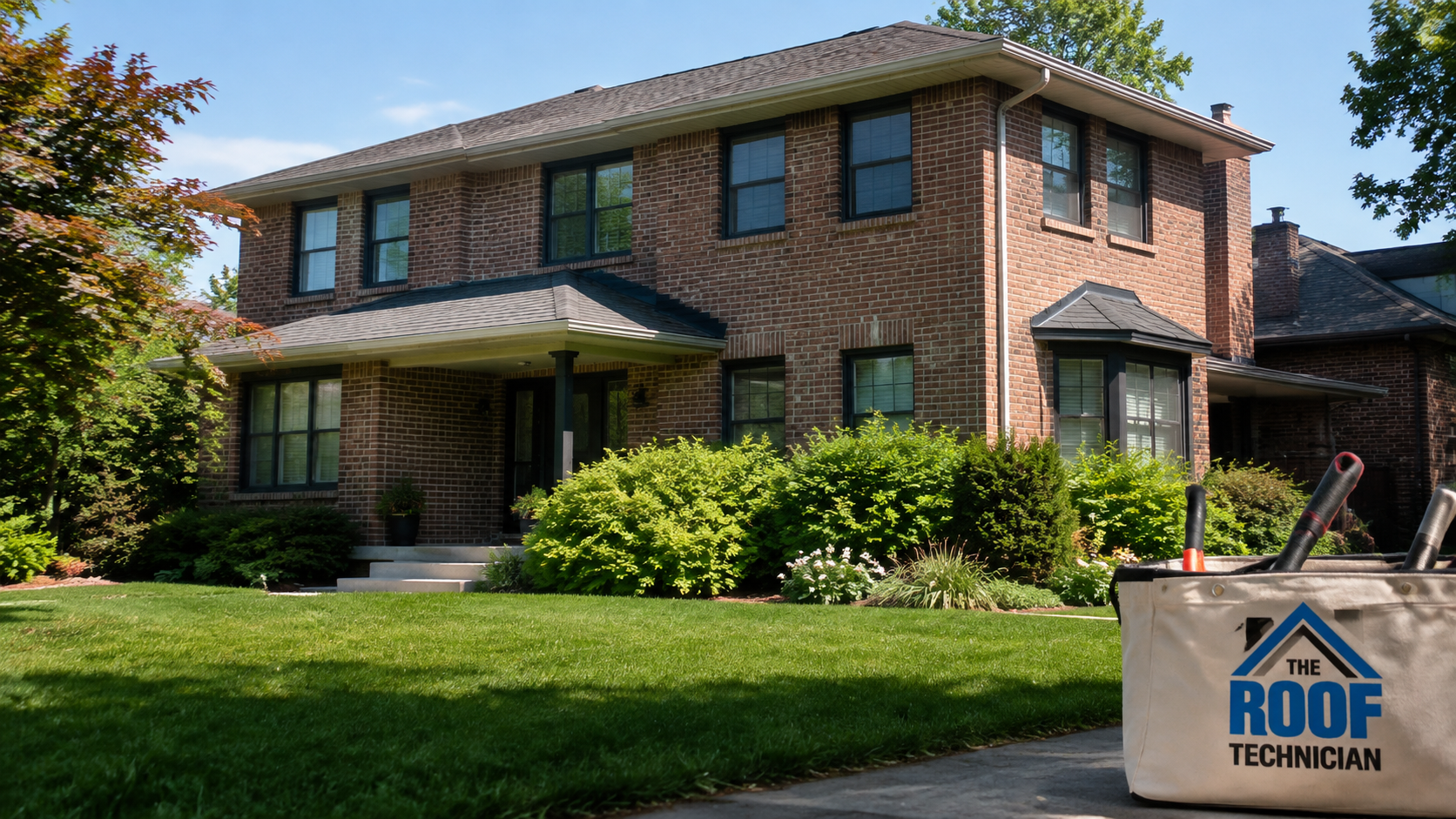 Two-storey brick suburban home showing ridge vent and soffit venting for attic ventilation in Whitby