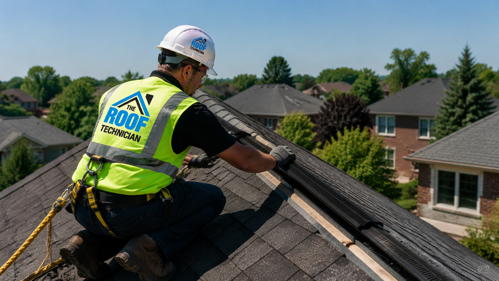 Roofer in full safety gear installing ridge vent as part of an attic ventilation Whitby roof upgrade
