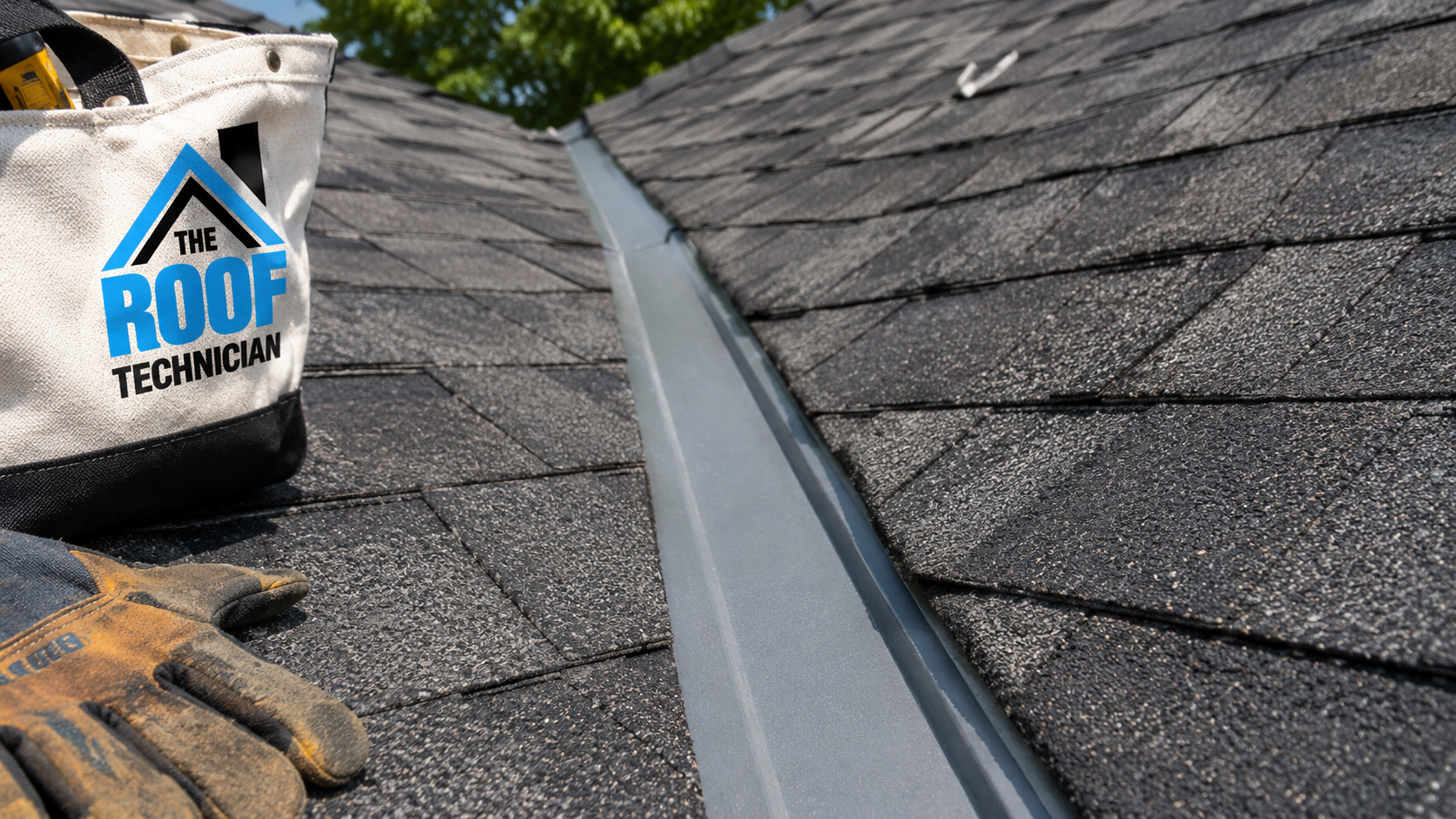 Close detail of new shingle courses and valley flashing after a roof replacement Oshawa installation