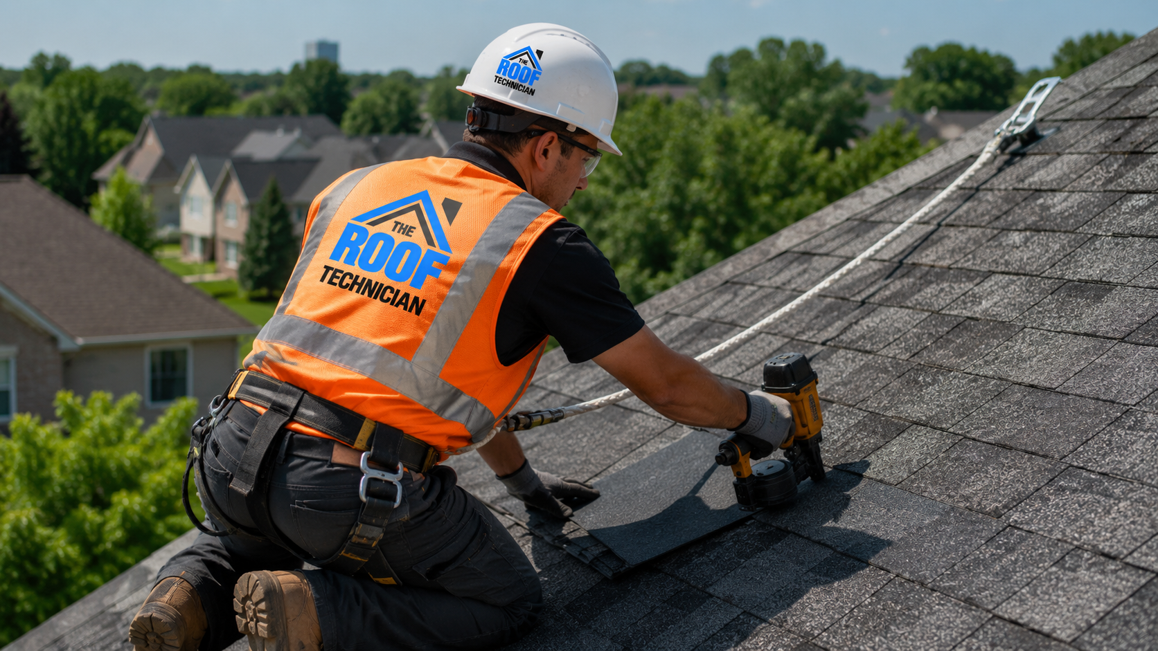 Roofer in full safety gear installing shingles during a roof replacement Oshawa summer project