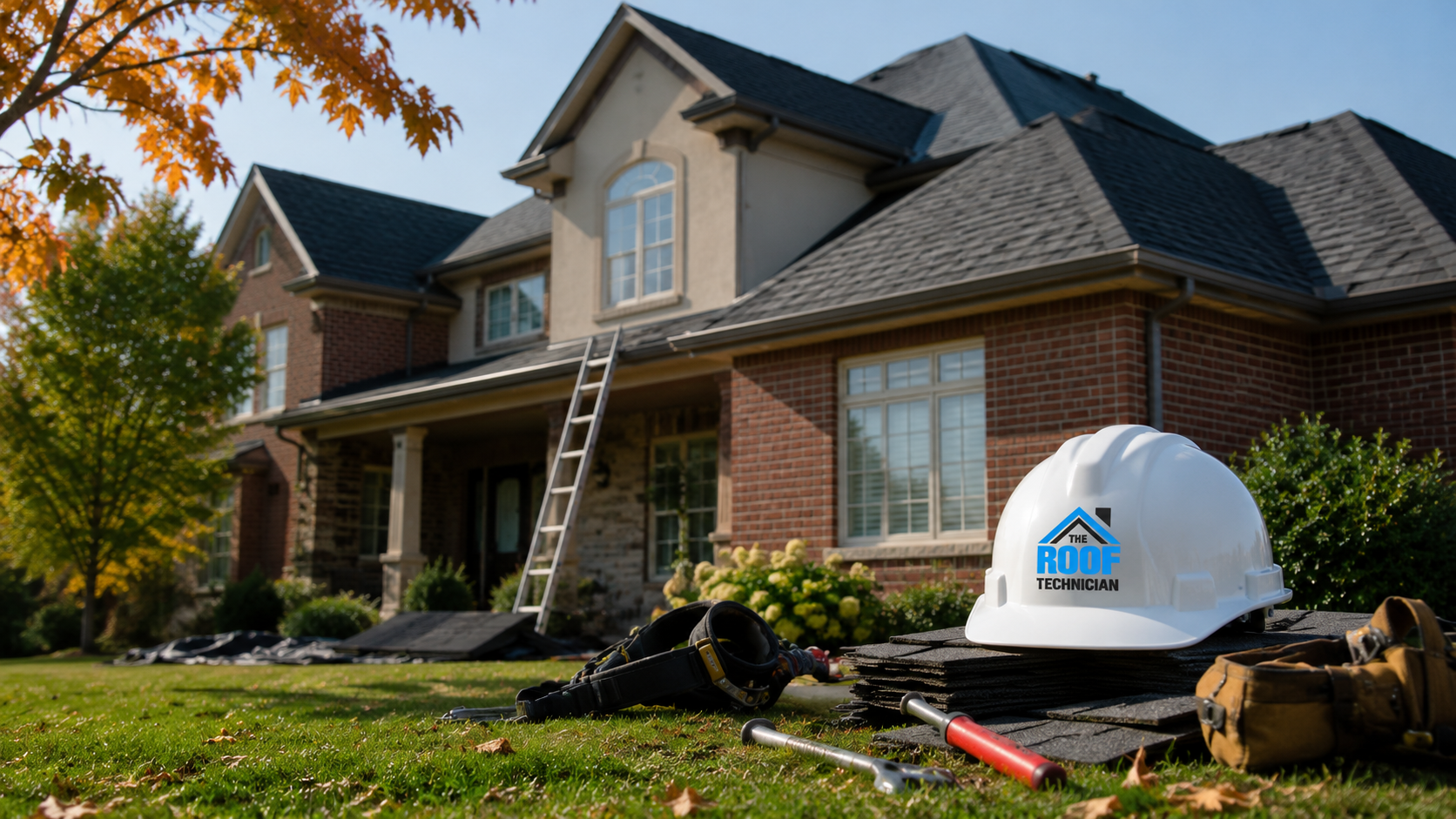Newly completed asphalt shingle roof replacement on a York Region two storey suburban home in autumn