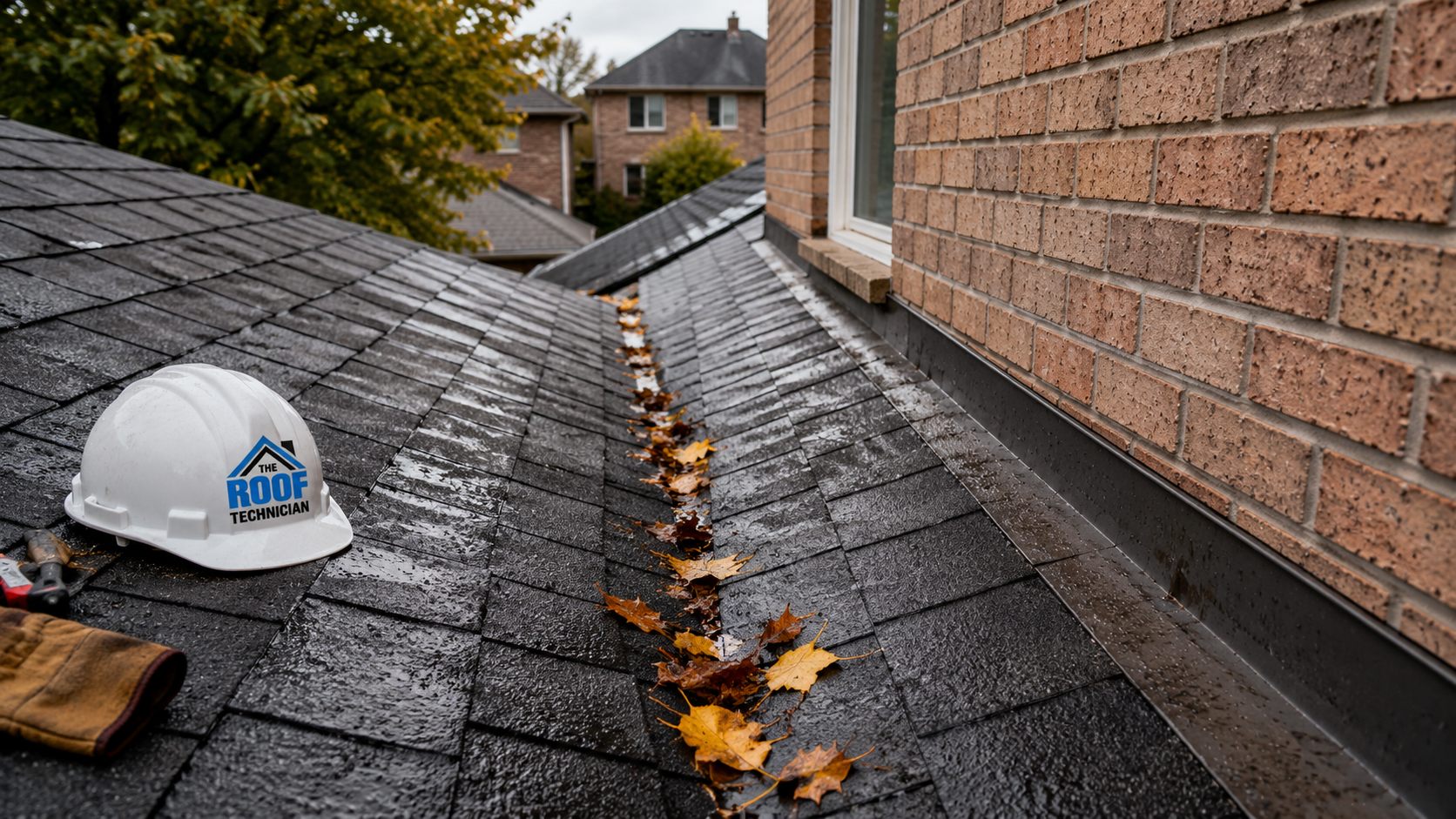 Rain streaked asphalt shingle roof and valley on a Vaughan two storey home showing where roof leak repair is needed