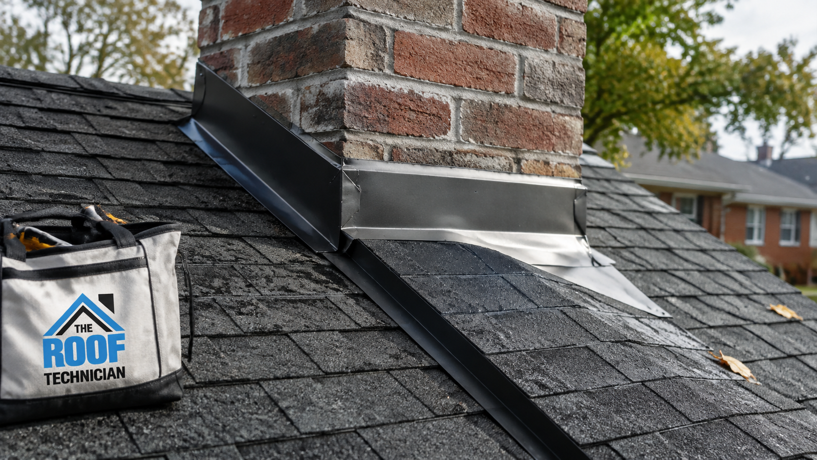 Close up of new chimney counter flashing and cricket on a Vaughan roof, workmanship worth verifying in a quote