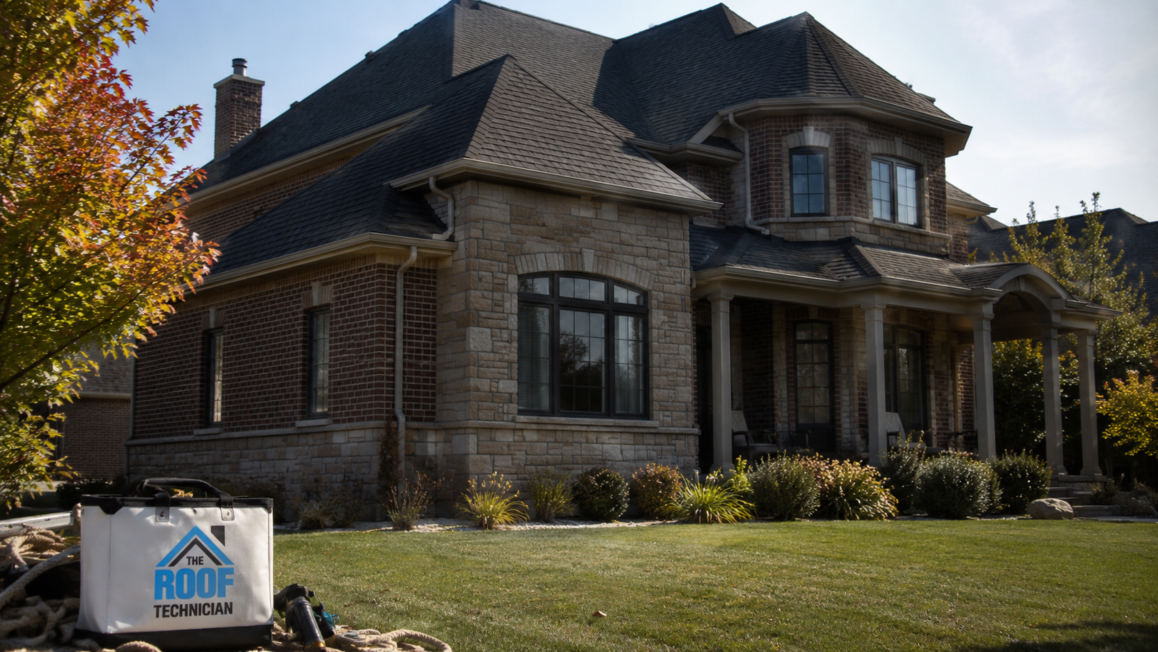 Large detached Vaughan home with a complex hip and valley asphalt shingle roof in early autumn