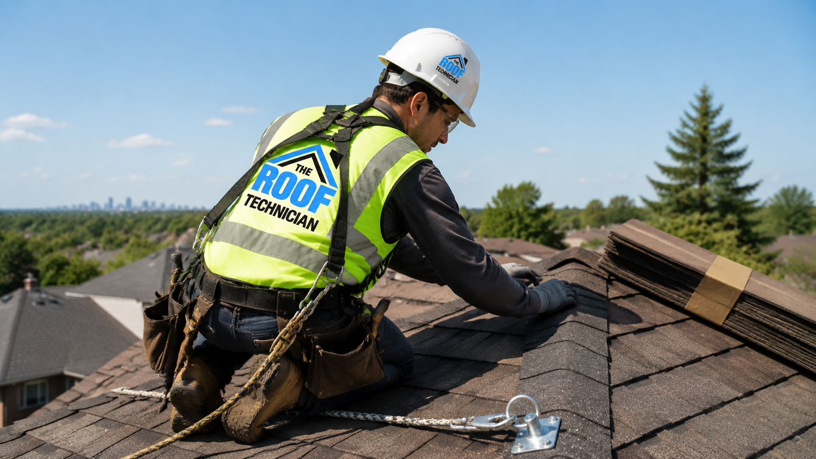 Roofer wearing a harness and full PPE installing ridge cap shingles on a Vaughan home