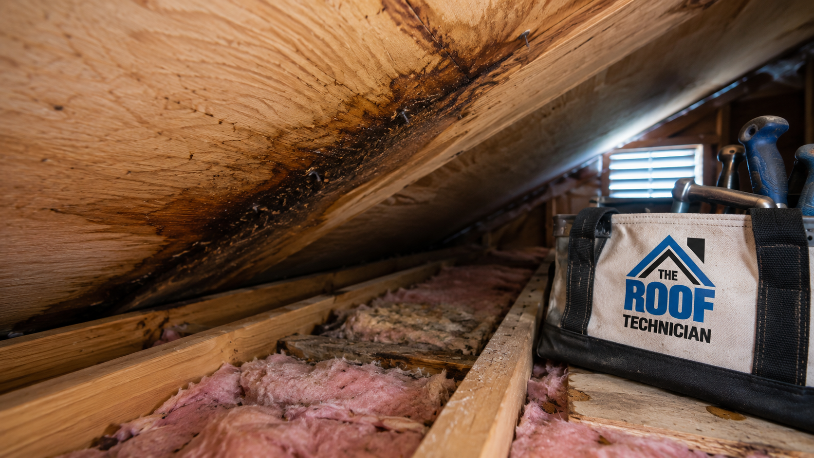 Close up of water stained attic sheathing and damp insulation found during emergency roof repair in Richmond Hill
