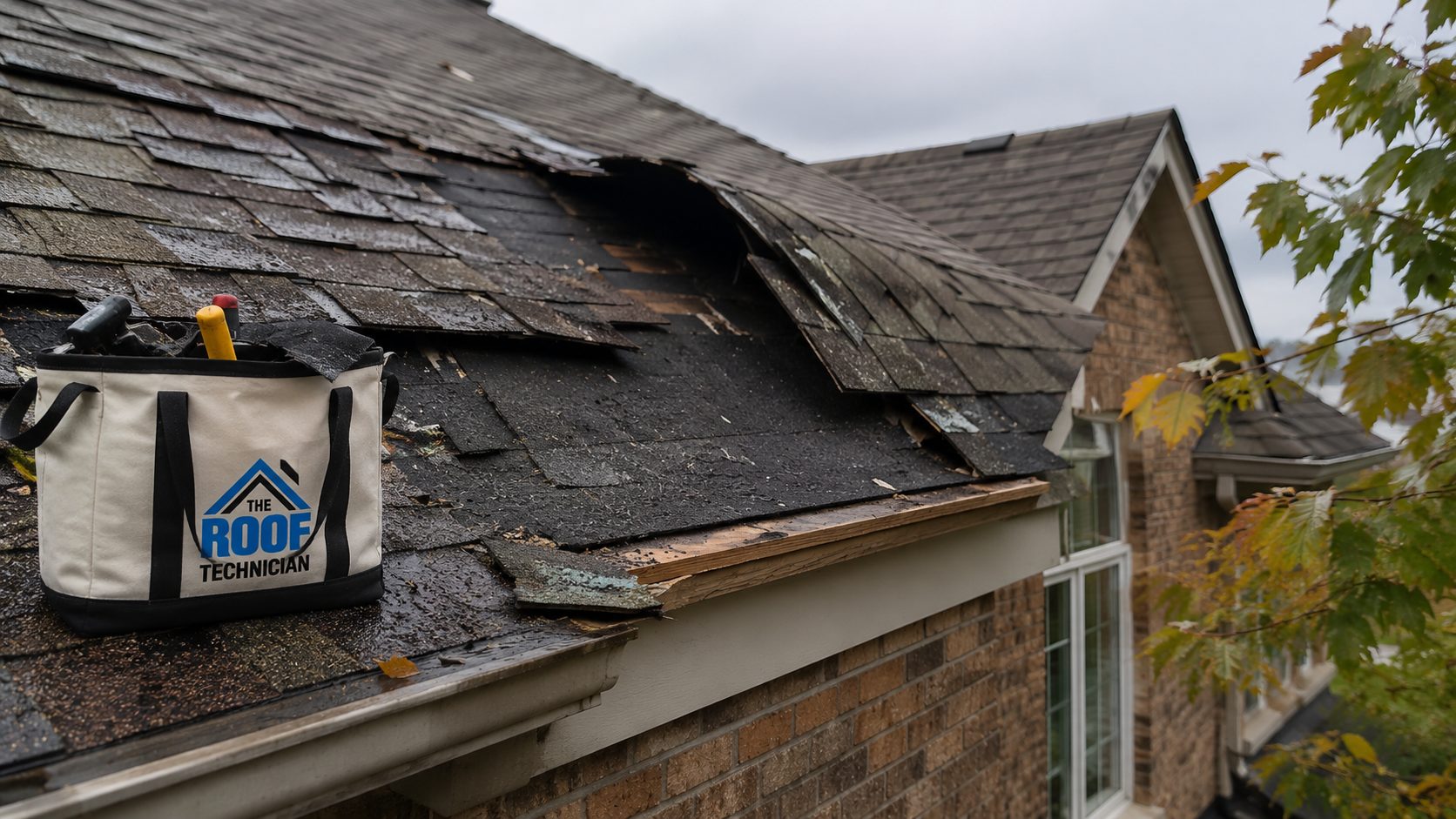 Storm damaged asphalt shingle roof with lifted shingles on a Richmond Hill home needing emergency roof repair