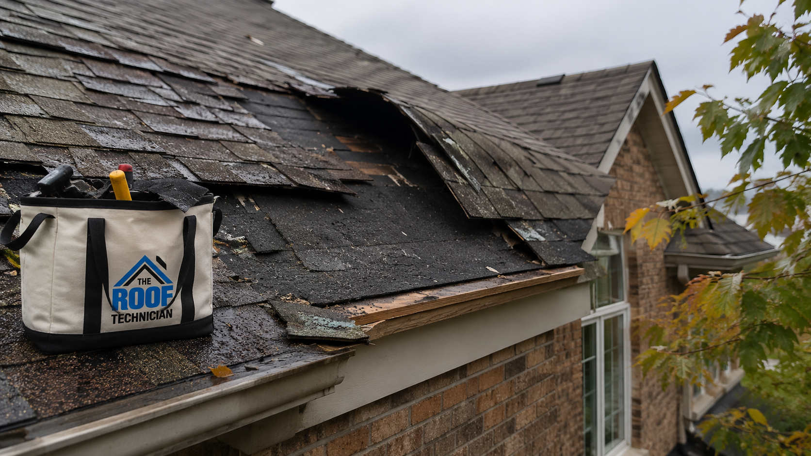 Storm damaged asphalt shingle roof with lifted shingles on a Richmond Hill home needing emergency roof repair