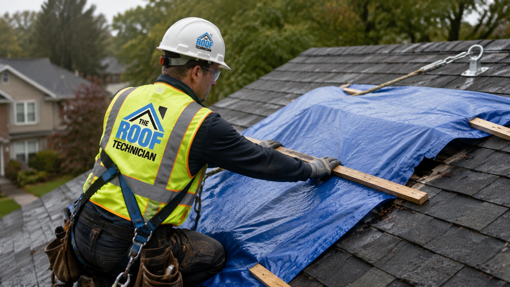Harnessed roofer securing an emergency tarp over damaged shingles during emergency roof repair in Richmond Hill