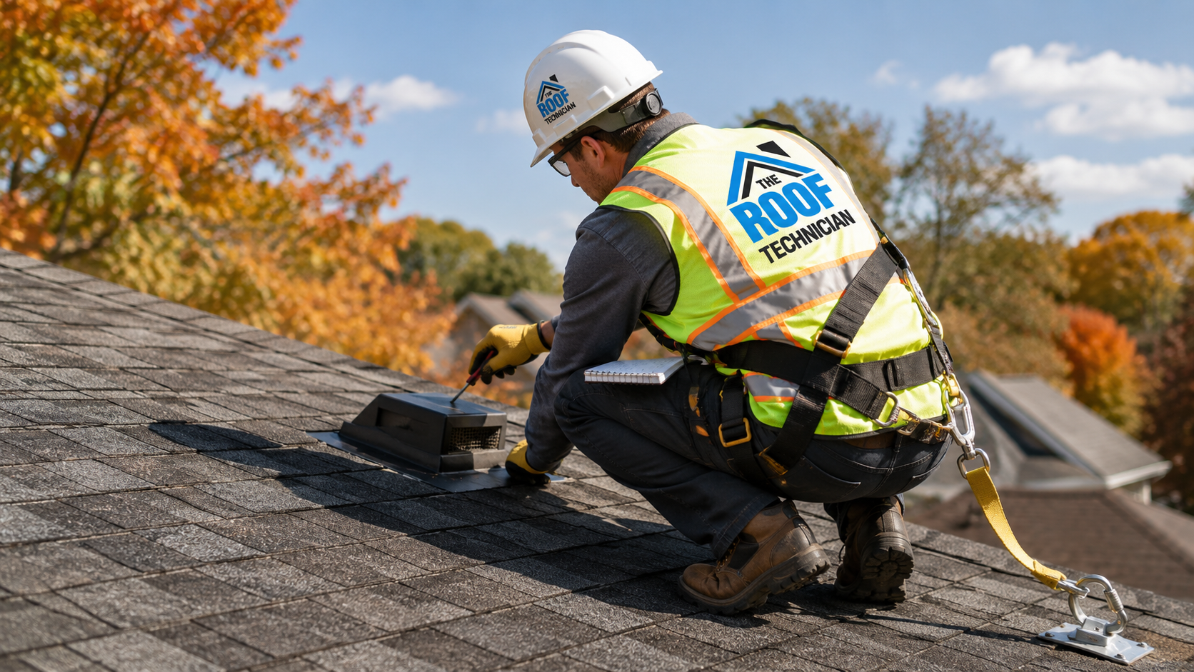 Roofer in harness carrying out a fall roof inspection in Vaughan, examining shingles and flashing