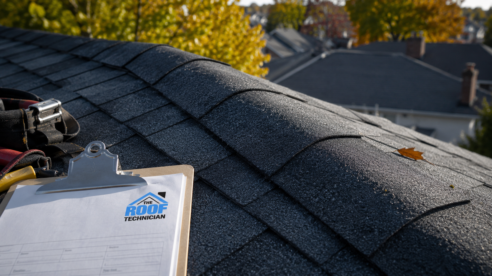Close up of ridge vent and sealed ridge cap shingles on a completed roof replacement in Stouffville