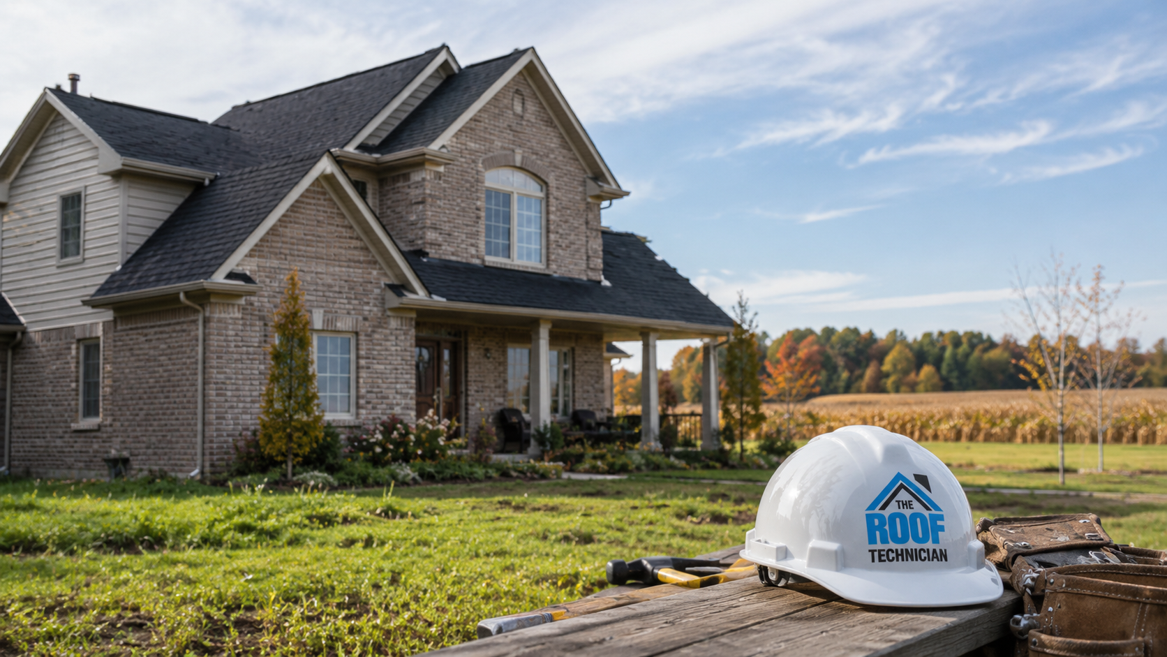 Newly replaced asphalt shingle roof on a detached Stouffville home on an open rural edge lot in autumn