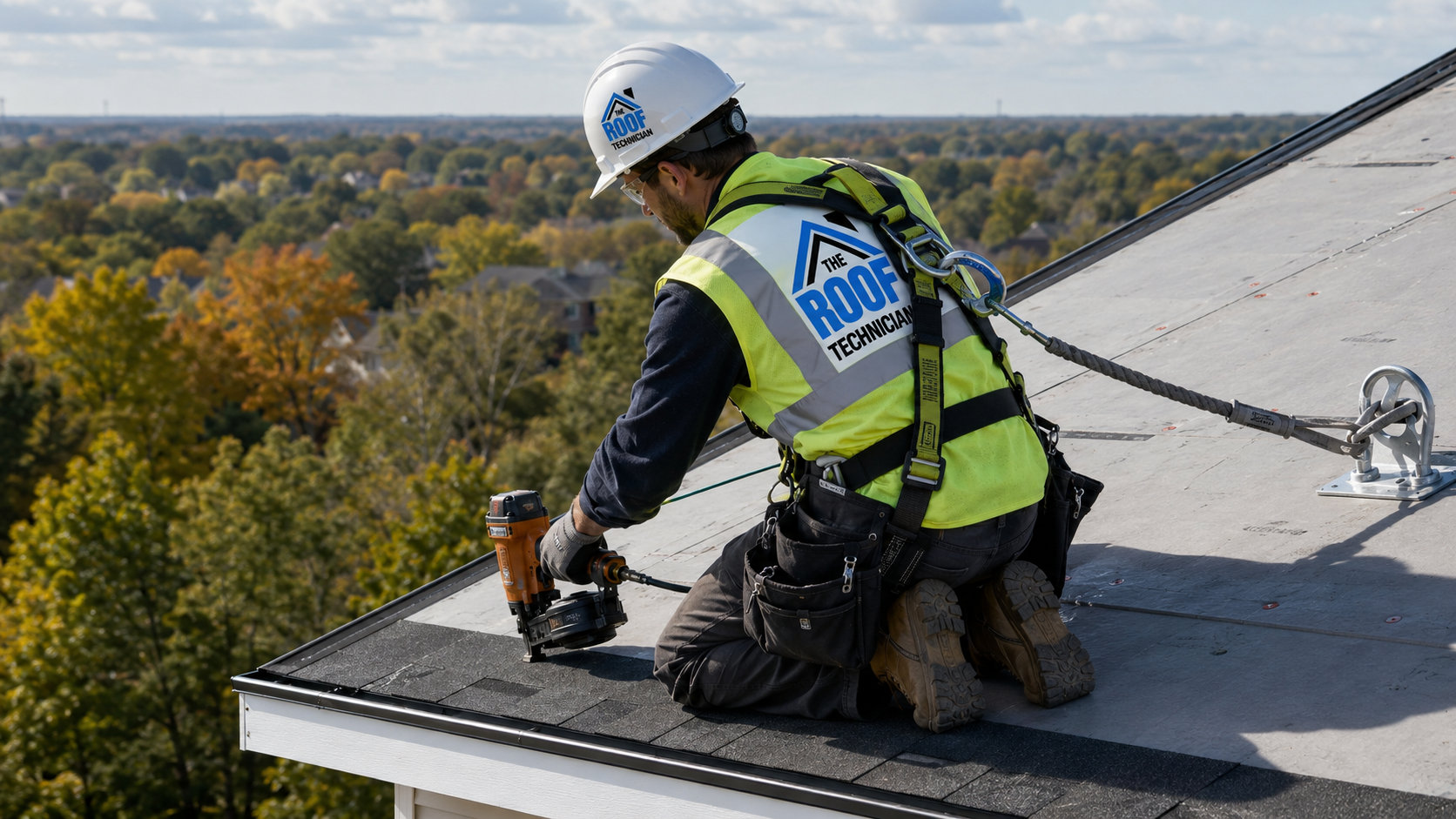 Roofer in full harness nailing starter course shingles during a roof replacement in Stouffville