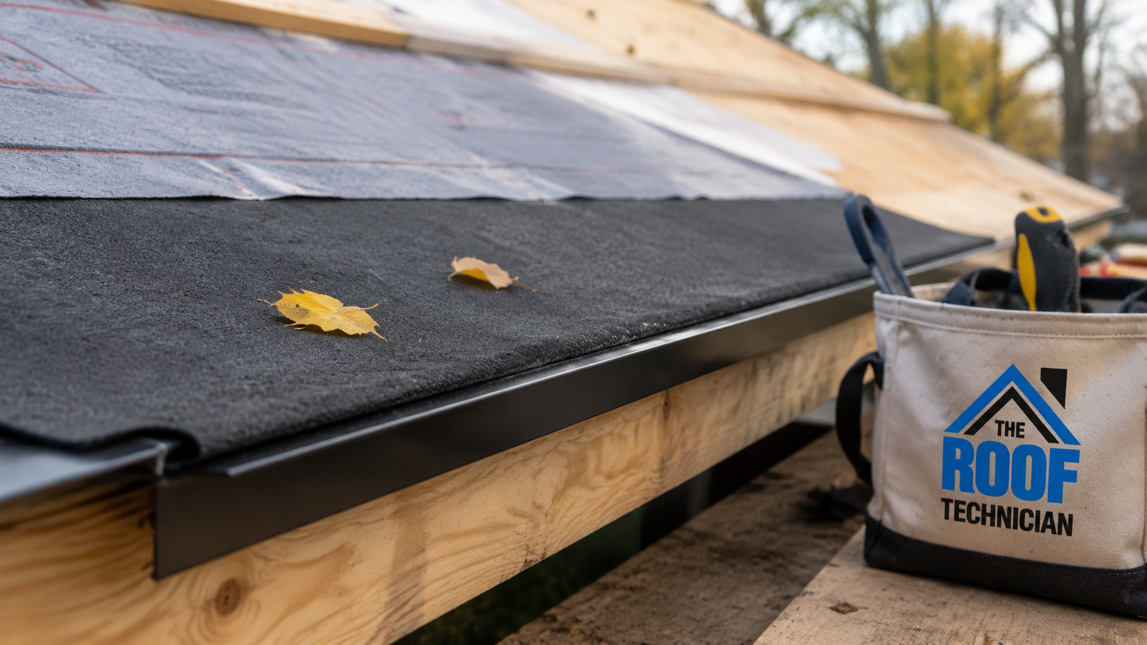 Close up of ice and water membrane along the eave during a roof replacement in Aurora