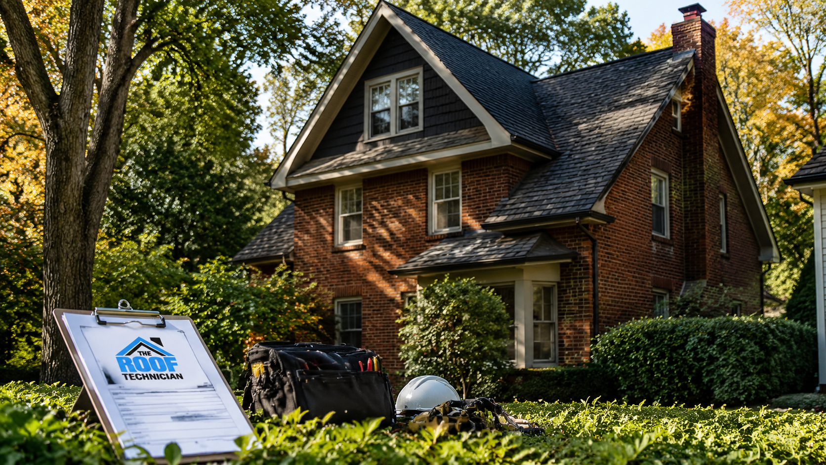 Older brick Aurora home with a steep newly replaced asphalt shingle roof surrounded by mature autumn trees