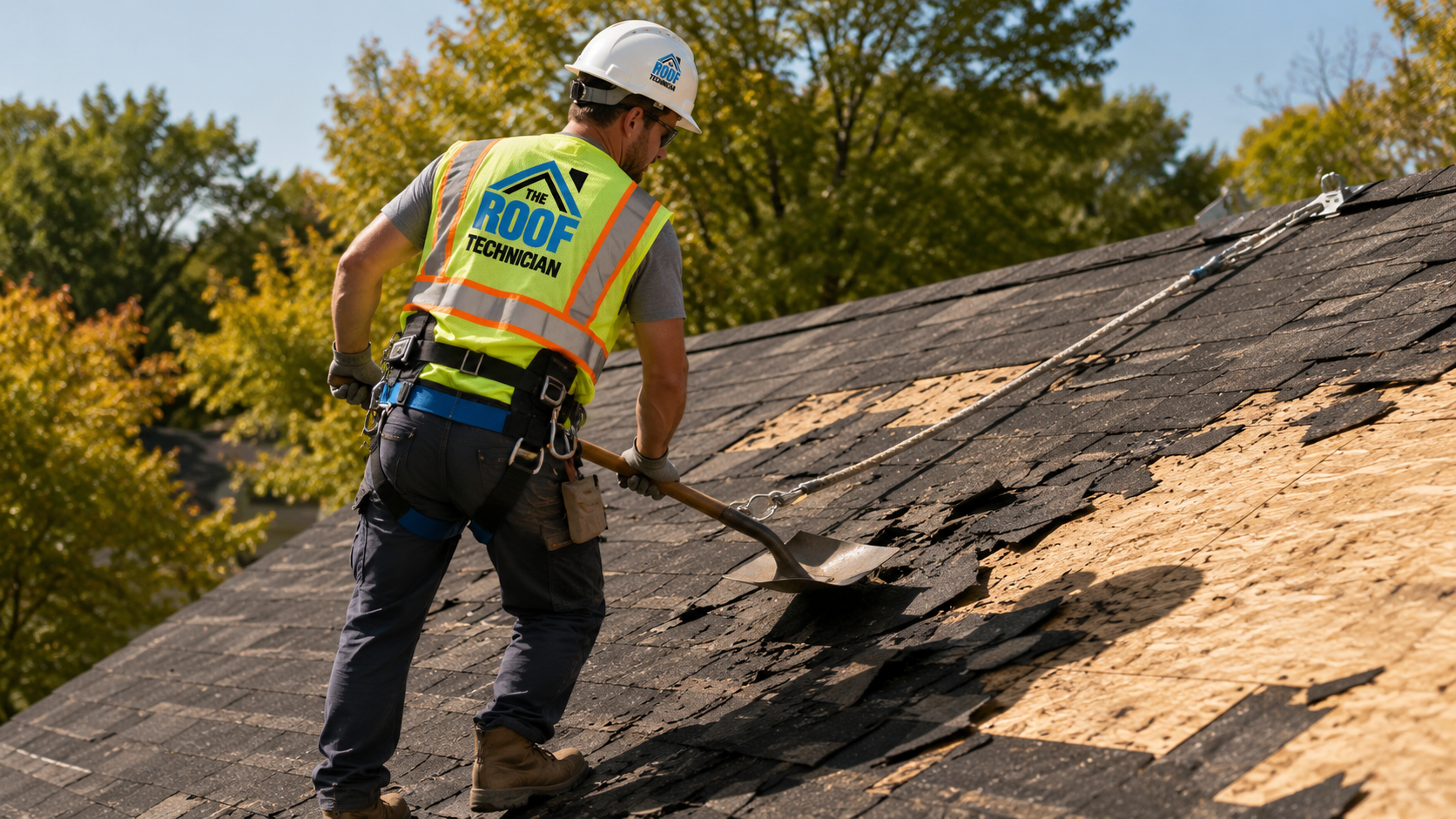 Roofer in a full body harness stripping old shingles during a roof replacement in Aurora