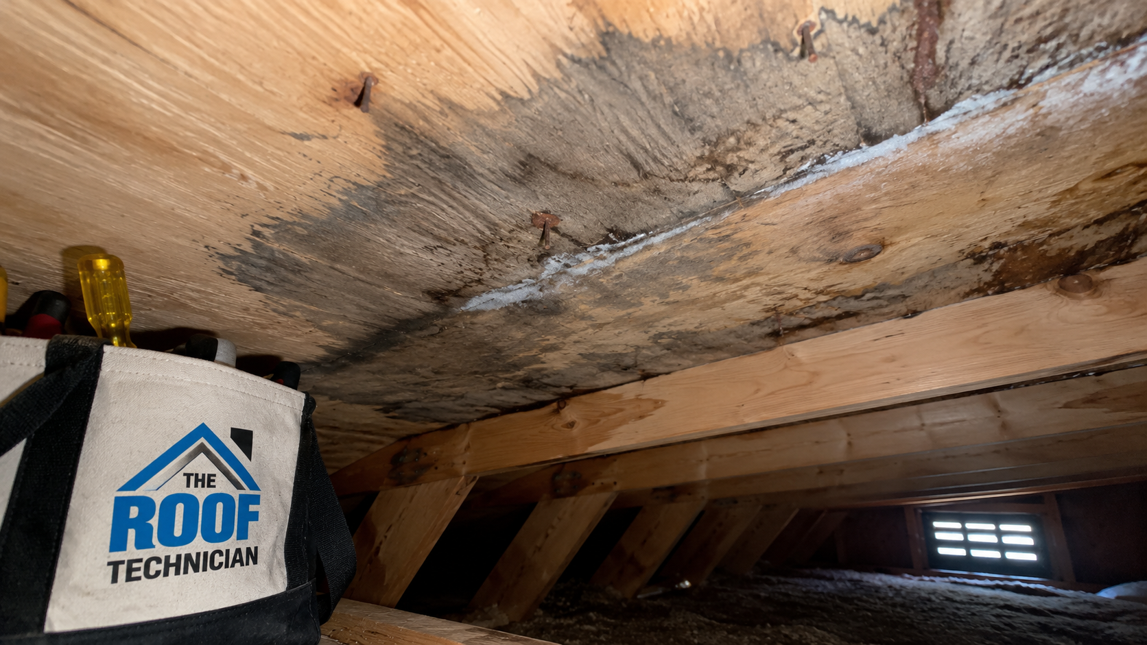 Close up of frost and staining on attic sheathing caused by poor attic ventilation in Markham