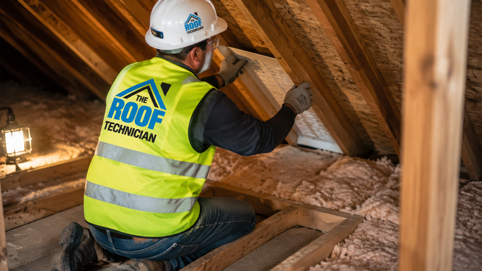 Technician inside an attic installing baffles to restore intake airflow for attic ventilation in Markham